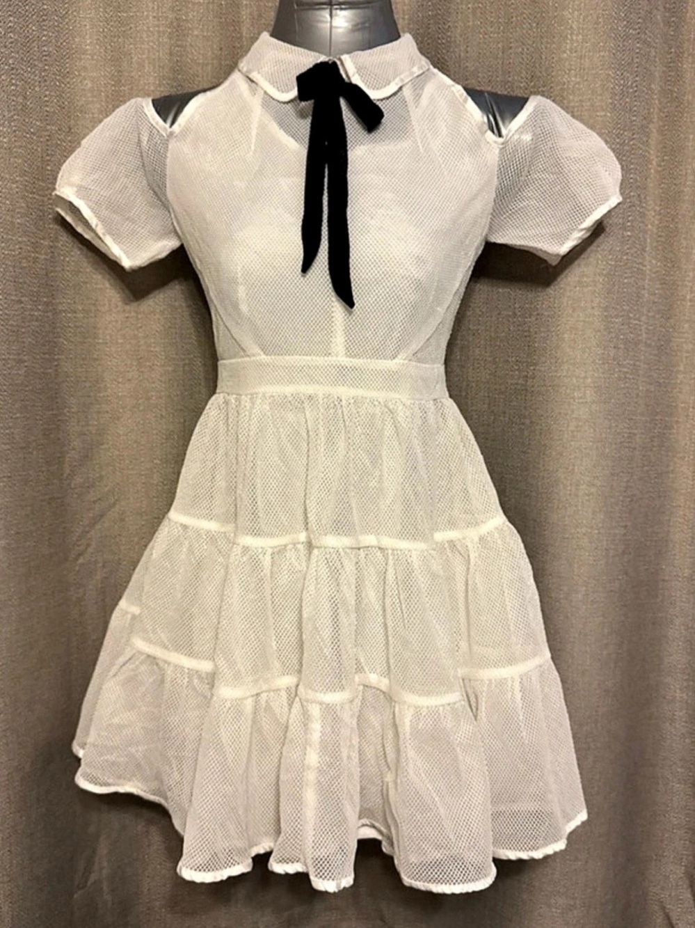 Open Shoulder White Mini Dress with Black Bow